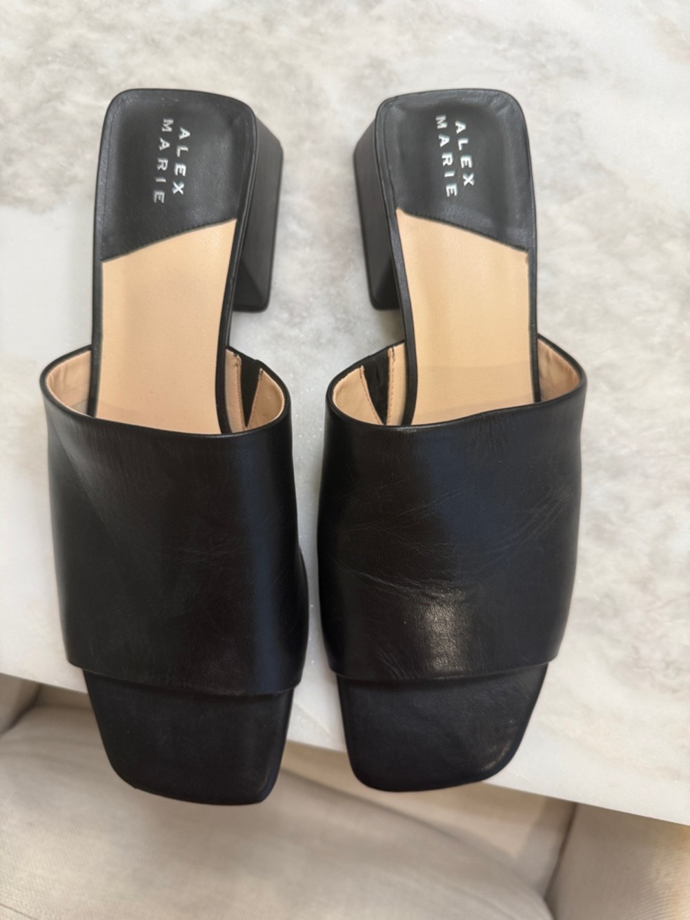 Alex Marie Black Leather Square Toe Block Heel Mules